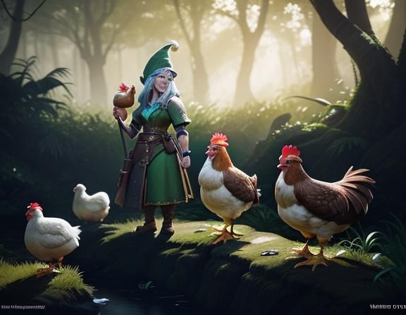Gnome with Hen in Lush Forest, 3D Game Art