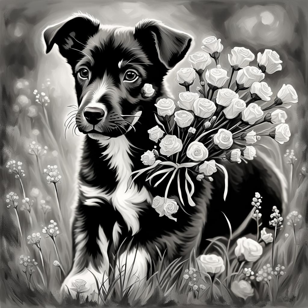 Lapponian Herder Puppy with Flowers in Expressionist Style