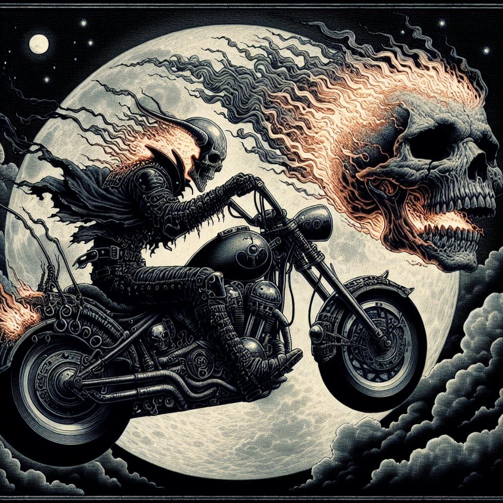 Fiery Skull Biker: Surreal Anime Art in Doré Style