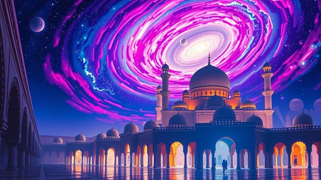 Ethereal Futuristic Metropolis Under Celestial Vortex