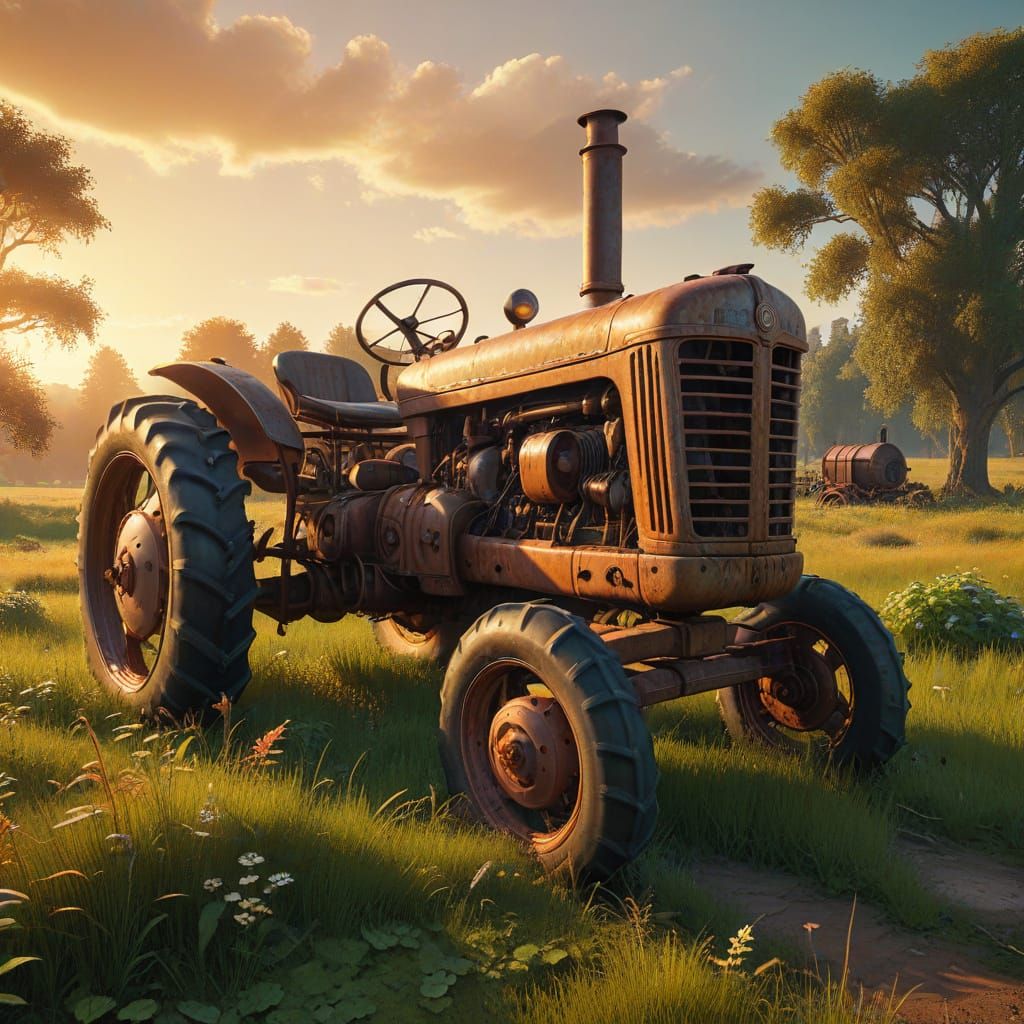 Antique Tractor in Meadow: Vibrant Oil Painting