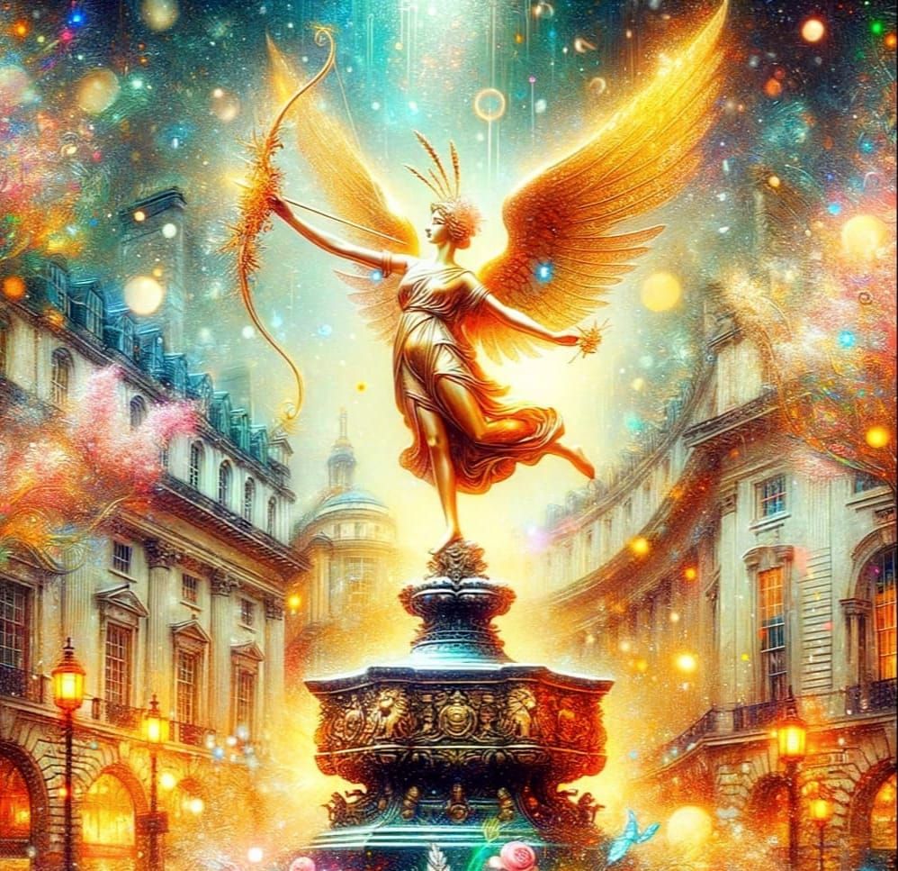 Magical Golden Winged Statue in Whimsical Paint Style