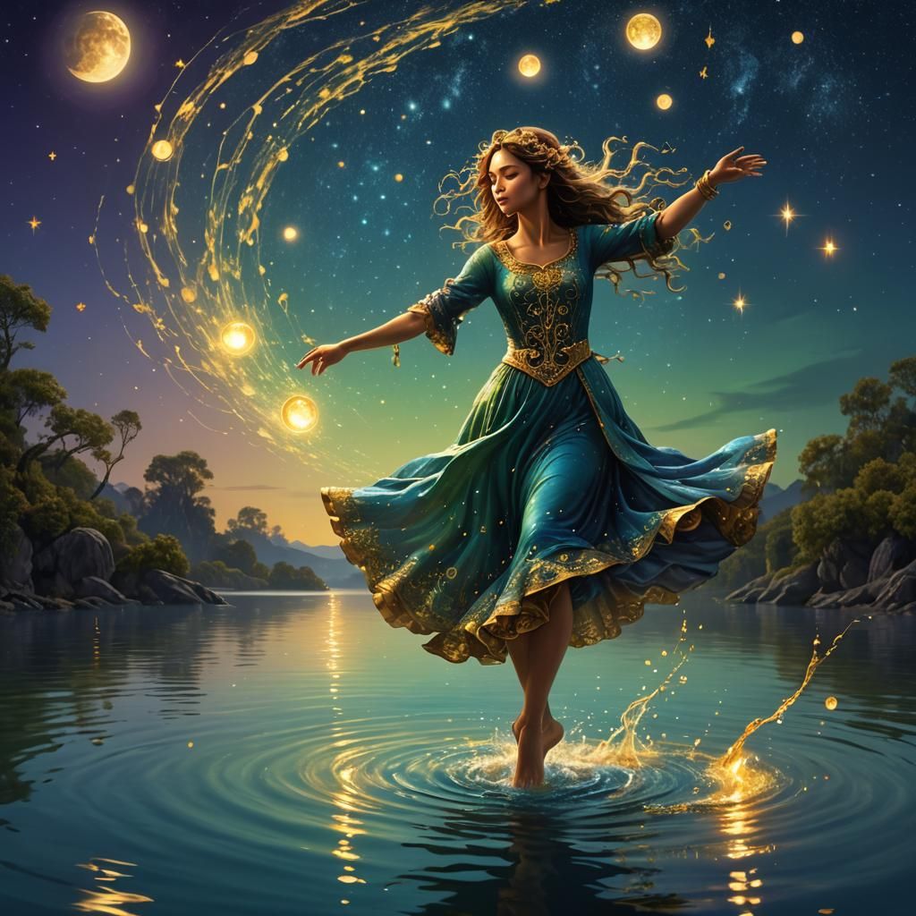 Sprite Dancing on Blue River: Art Nouveau Matte Painting