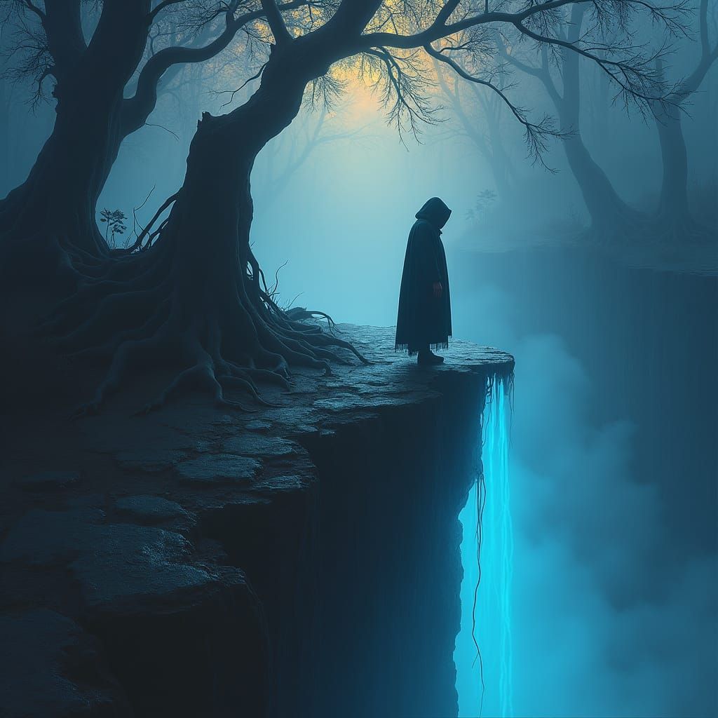 Ethereal Figure at Misty Precipice in Digital Matte Painting