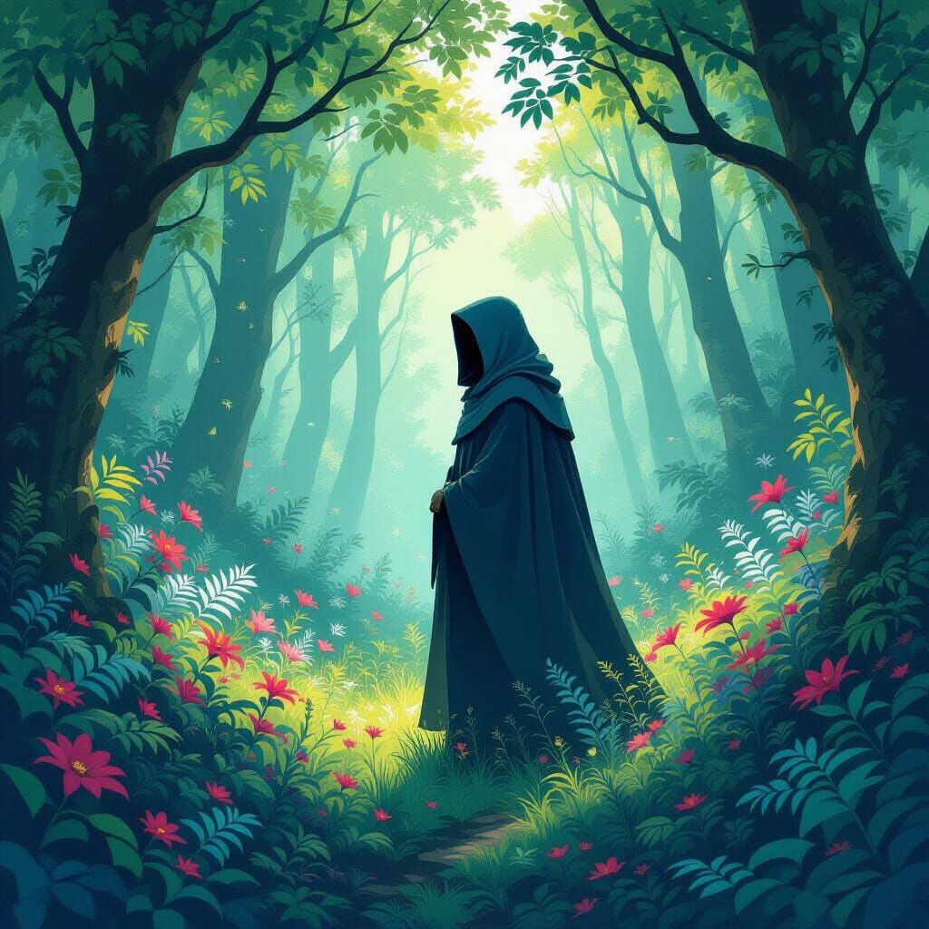 Mysterious Figure in Whimsical Forest Art