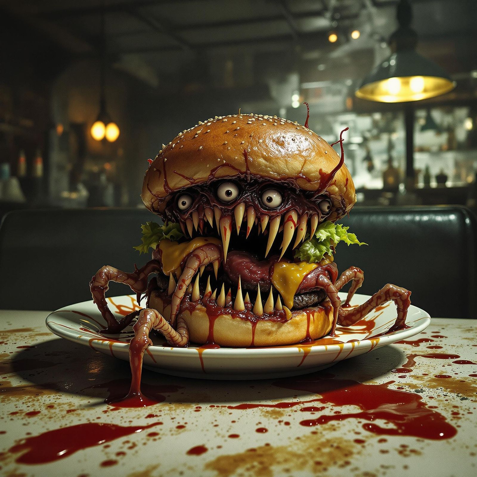 Grotesque Burger Monster in Dim Diner, Horror Art