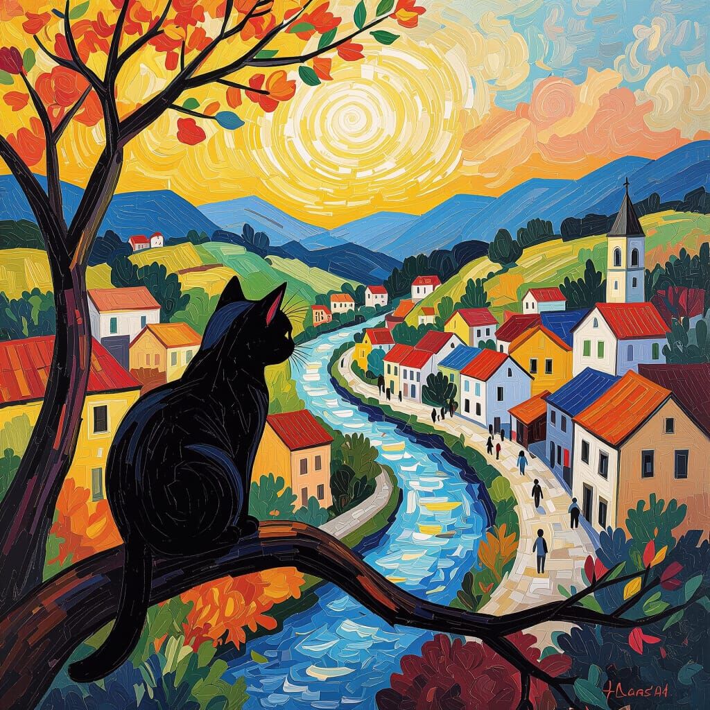 Black Cat Observes Village in Impasto Style