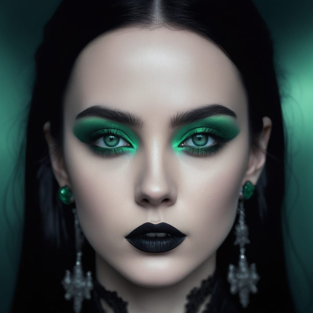 Stunning portrait ethereal gothic woman with long black hair and green eyes with Emerald green eyeshadow with black eyel...