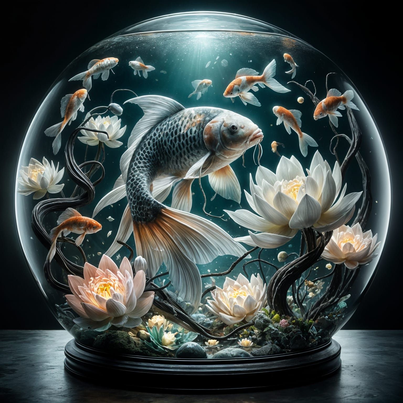 Koi Fish in Glass Orb: Detailed Underwater Scene
