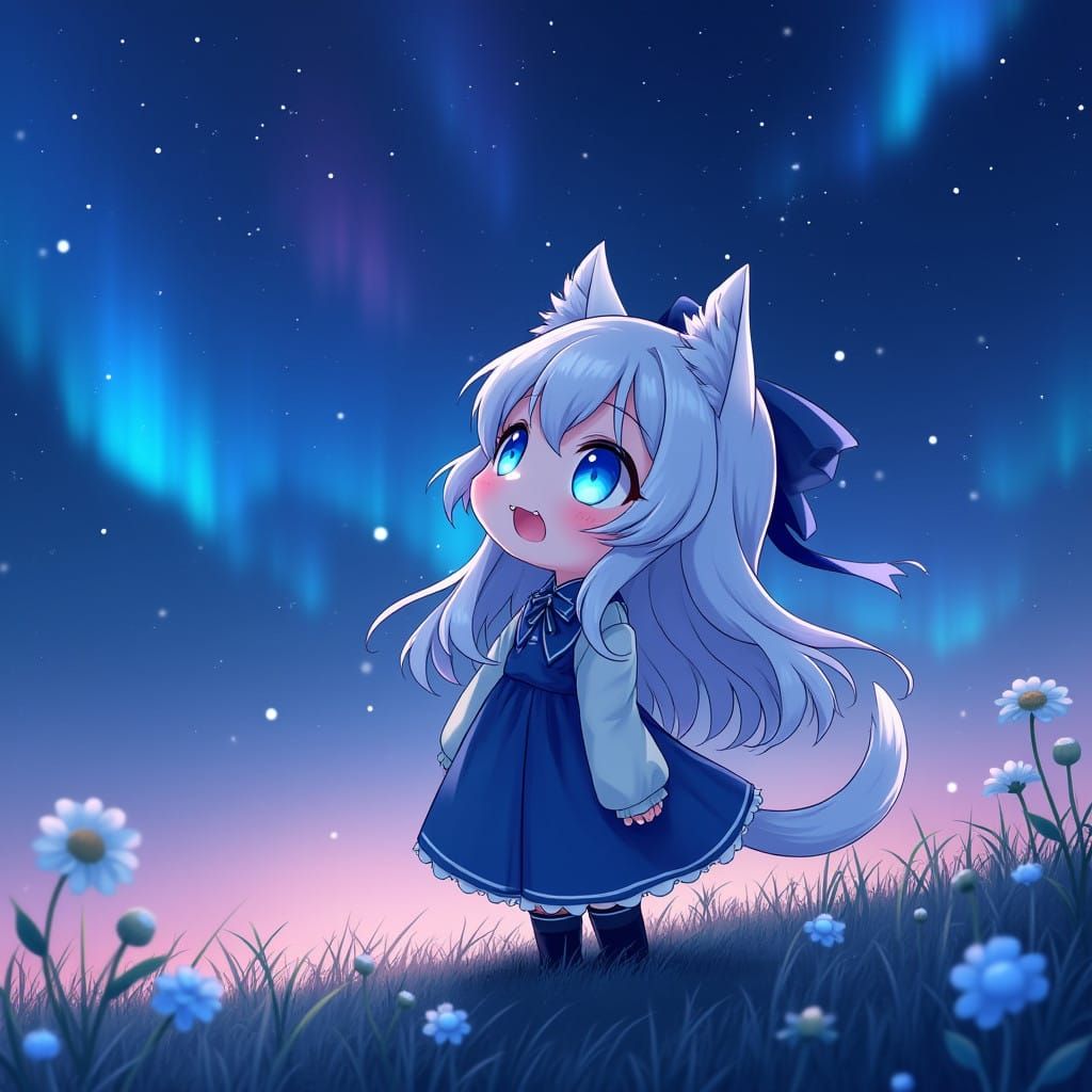 Adorable Synthwave Catgirl Stares at Aurora Borealis