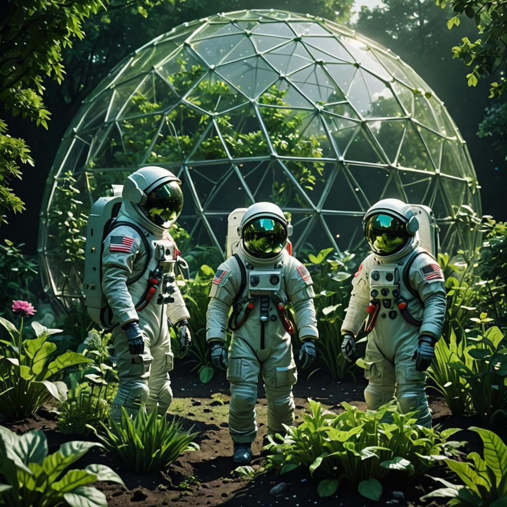 Astronauts Gardening in Lunar Dome: Vivid Digital Art
