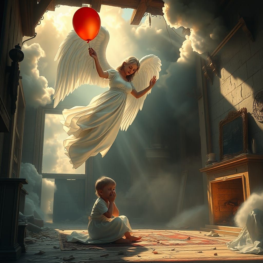 Comforting Angel Descends to Child in Ruins