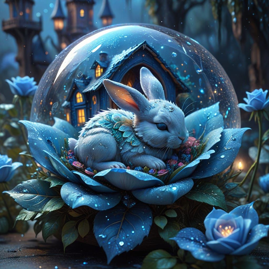 Sleeping Bunny in Giant Rose Bud Illustration