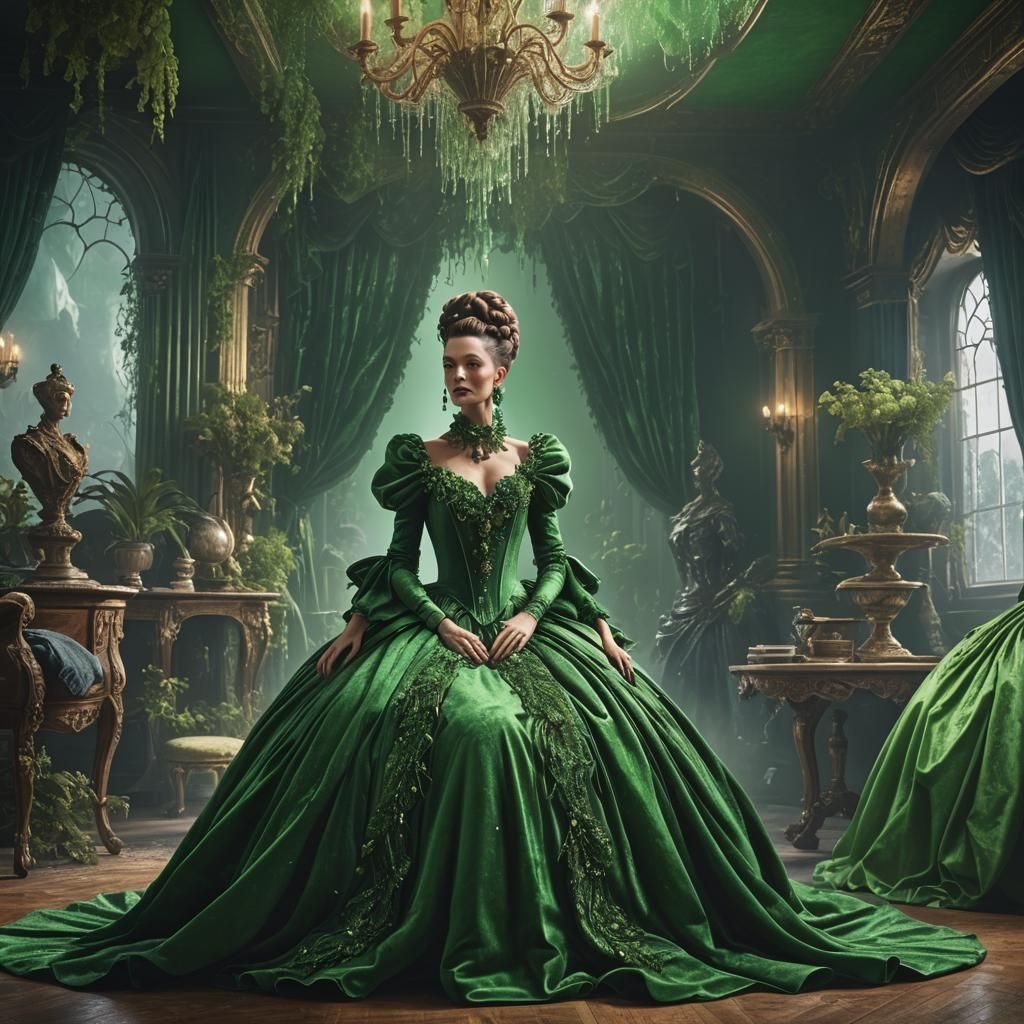 Weeping Woman on Green Chesterfield Sofa: Matte Painting