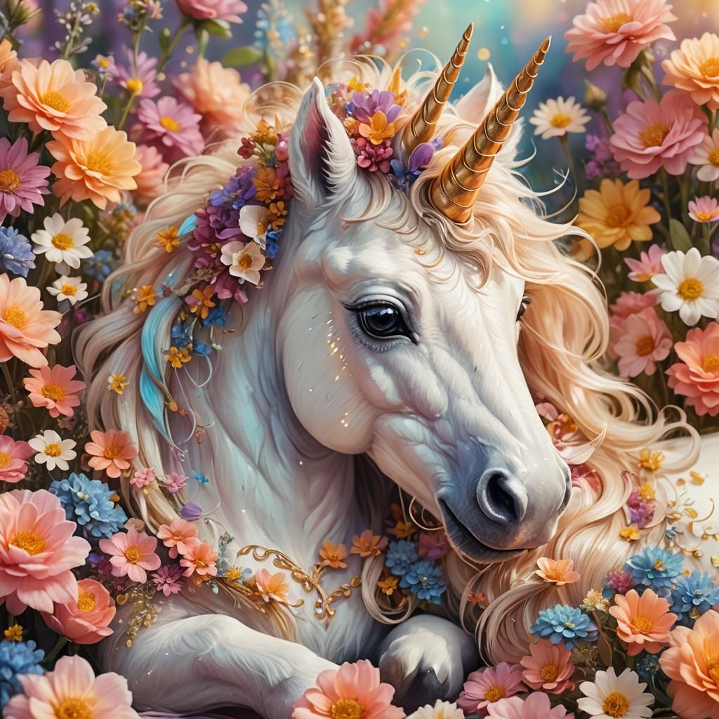 Tiny Baby Unicorn on Flower Bed: Fantasy Illustration