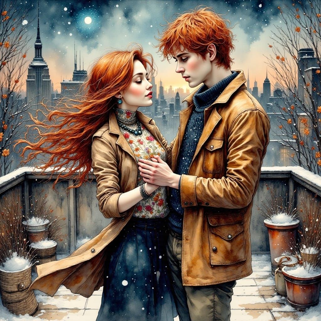 Young Woman Dances with Red-Haired Man on Winter Rooftop in ...