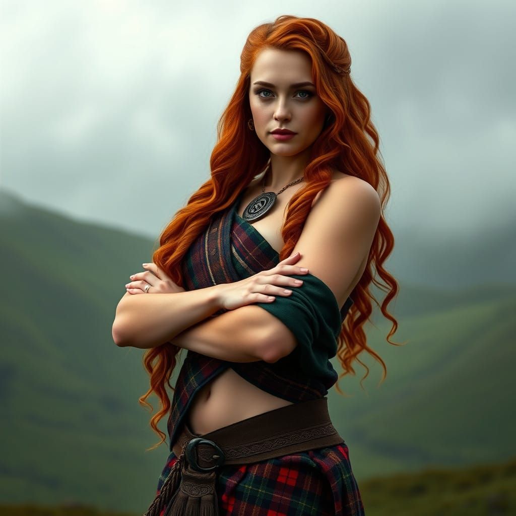 Regal Highland Scottish Woman in Tartan Sash