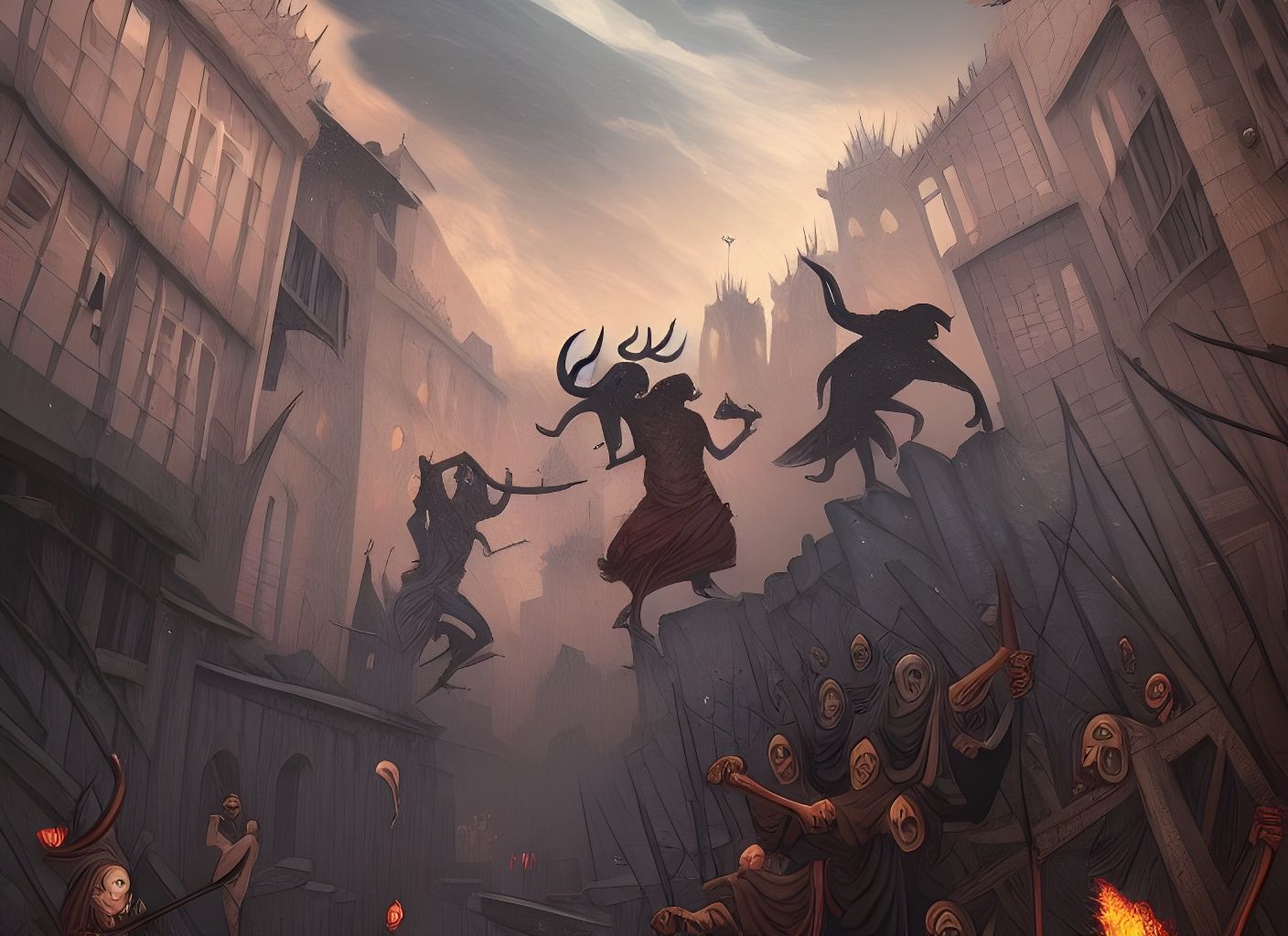Stone-Throwing Devils in Medieval City: Digital Artwork