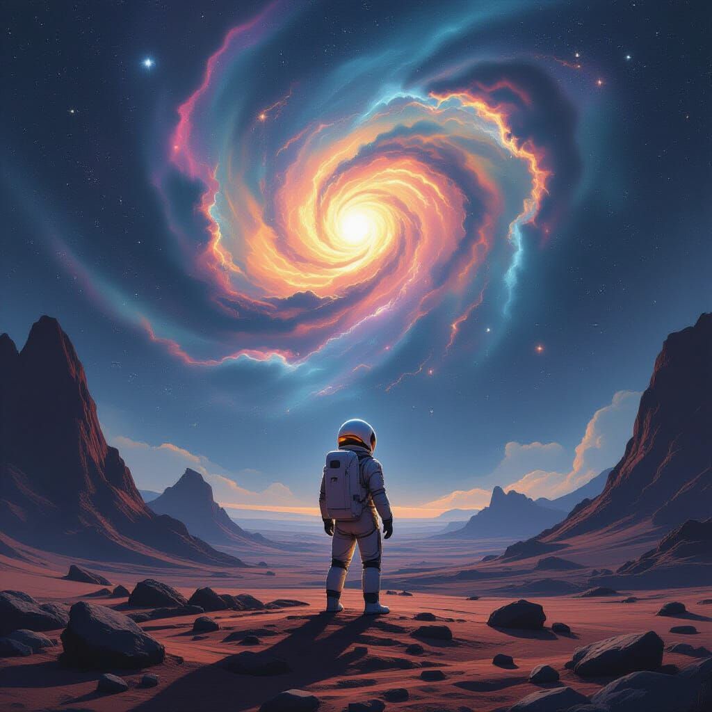 Astronaut Gazes at Nebula on Alien Planet