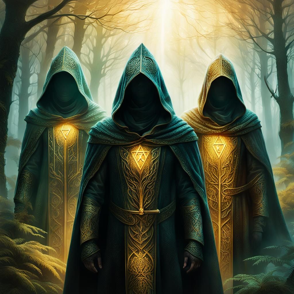 Golden Illuminati Knights in Misty Forest