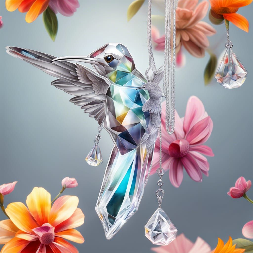 Crystal Hummingbird Among Flowers in Splash Art Style