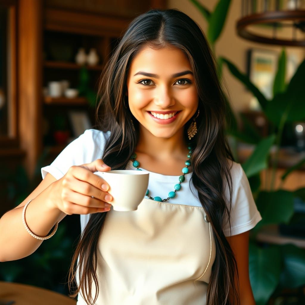 Turquoise Apron Cafe Girl in Warm Light