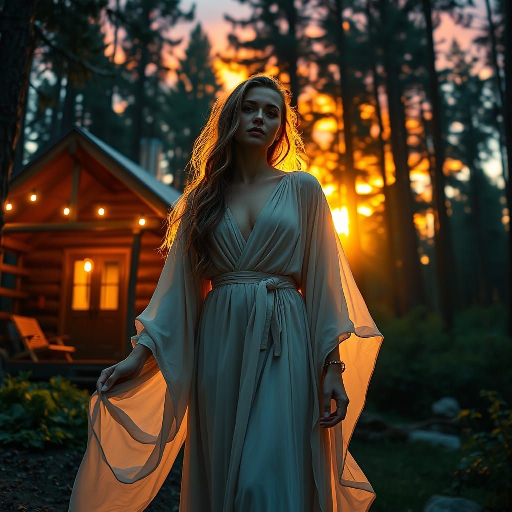 Goddess in Forest with Psychedelic Sunset