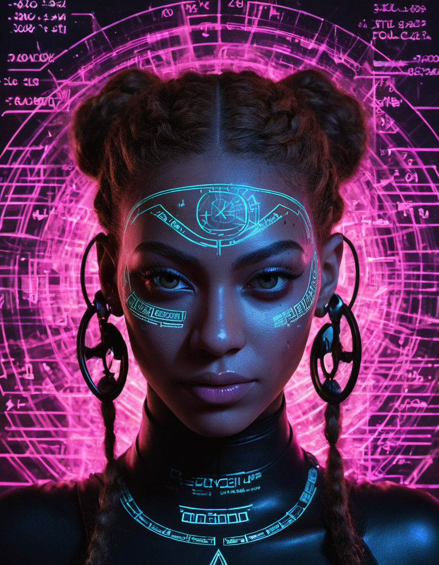 Neon-Hued Shadowrun Portrait with Holographic Equations