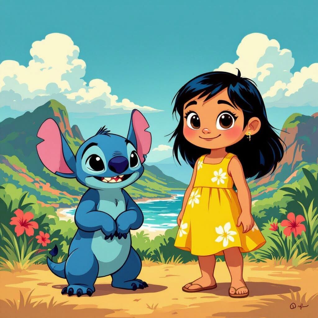 Lilo and Stitch in Whimsical Pixar-Inspired Hawaiian Scene