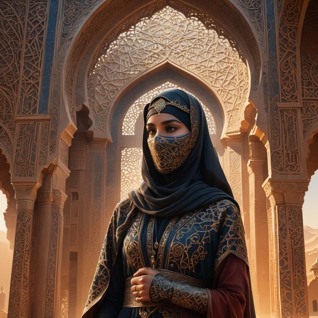 Muslim Woman in Niqab at Desert Temple