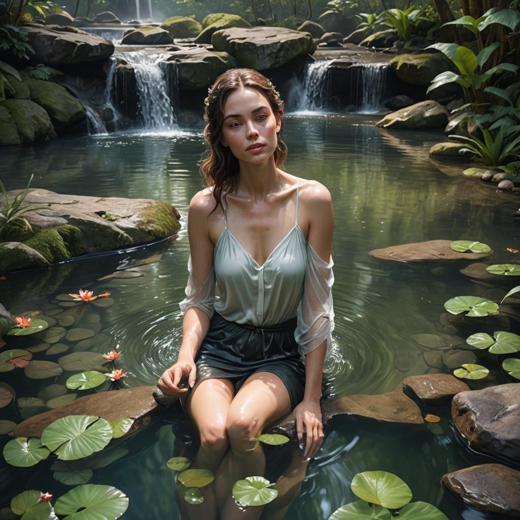Serene Woman Bathing in Forest Pond: Hyper-Realistic 3D Port...