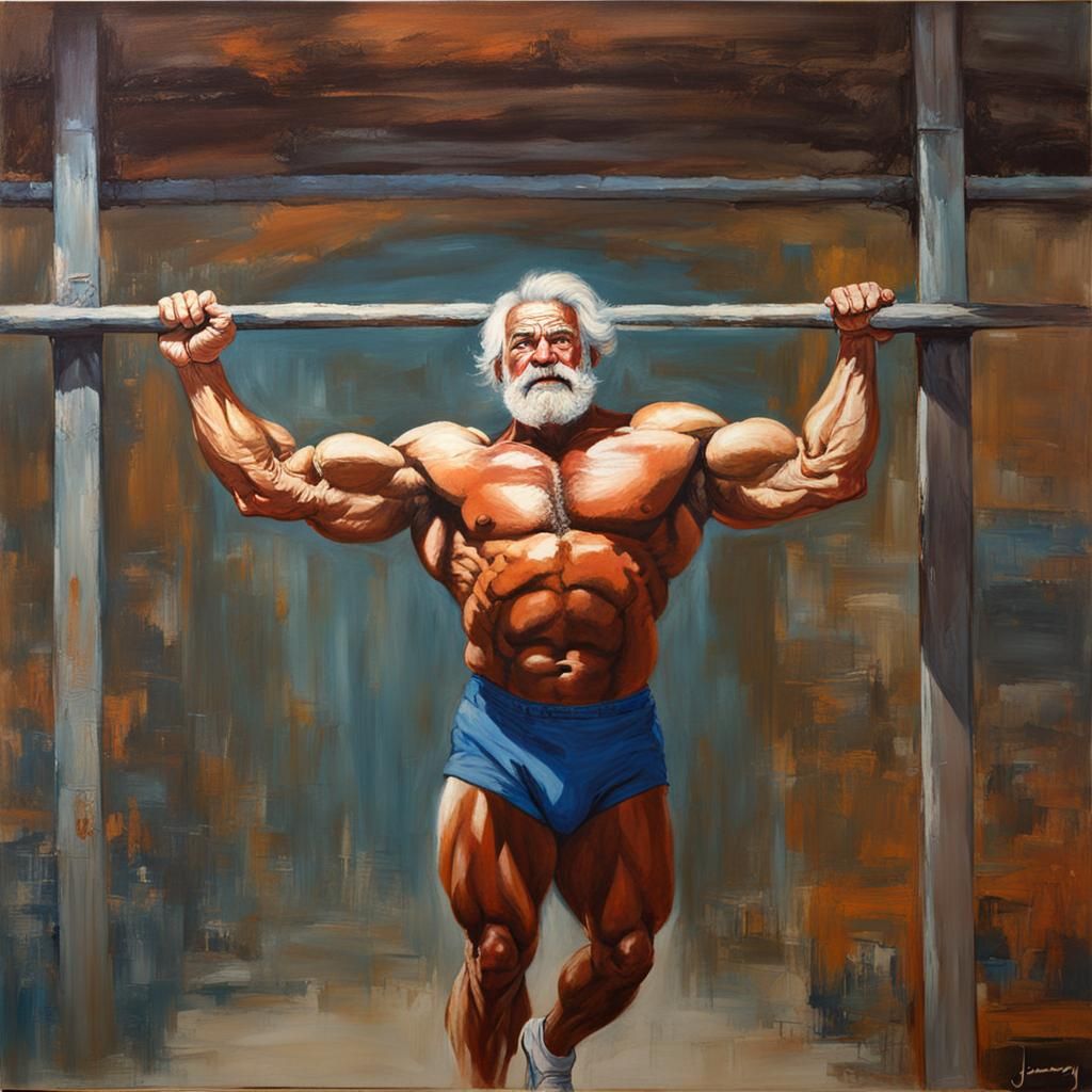 Muscular Senior Man Hanging from Beam in Oil Painting
