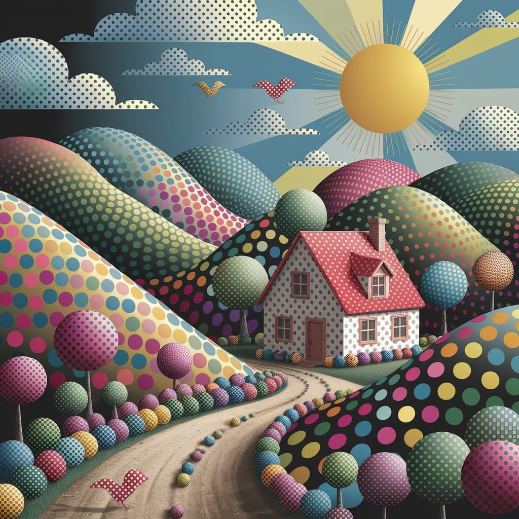 Whimsical Polka Dot Landscape with Cheerful Cottage