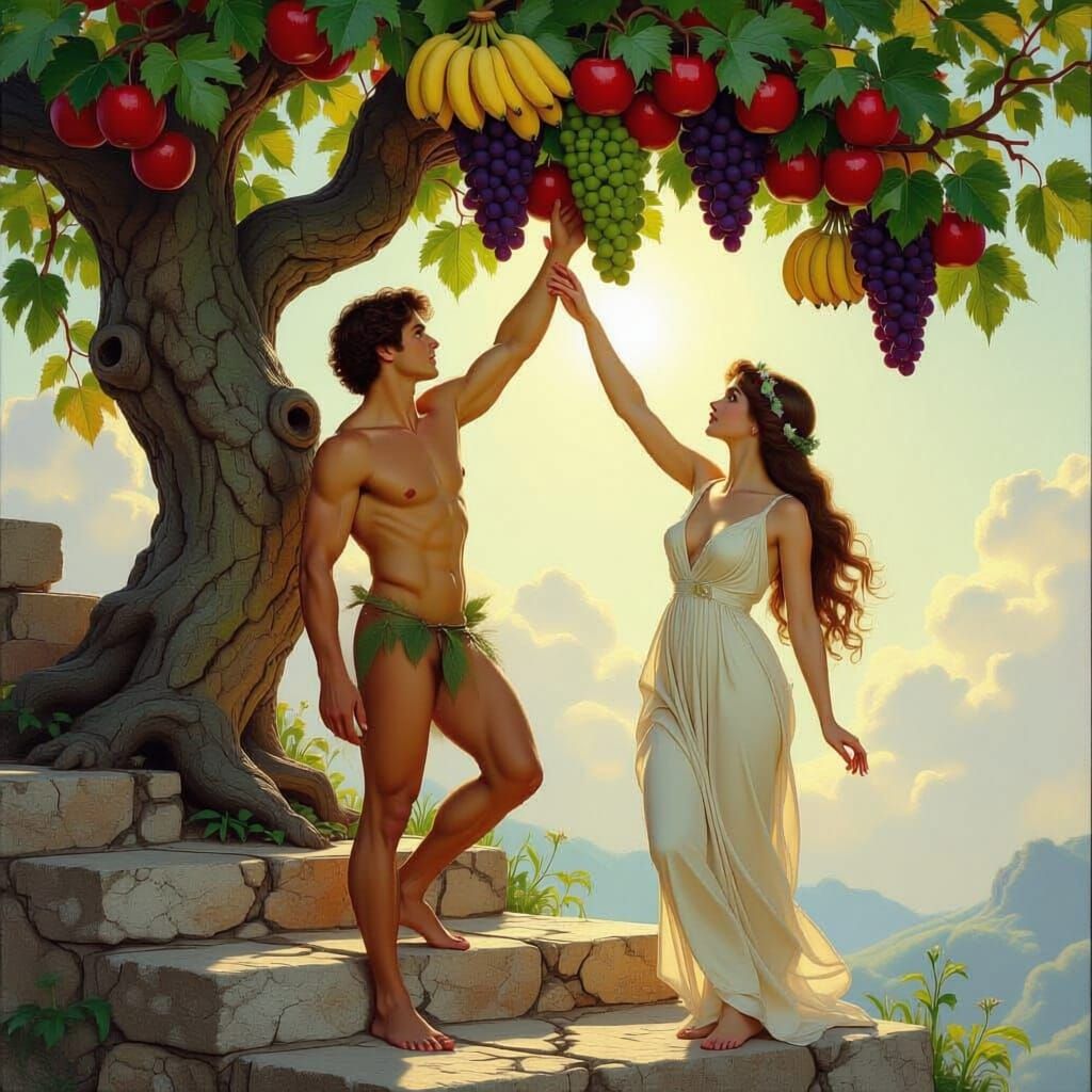 Man Reaches for Fruit in Luminous Oil Painting