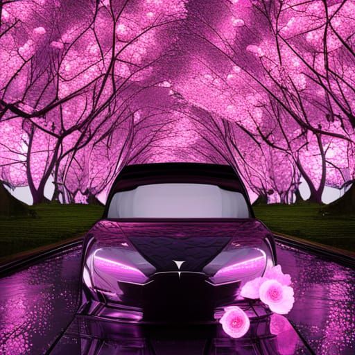 Tesla Among Cherry Blossoms: Fantastical Digital Art
