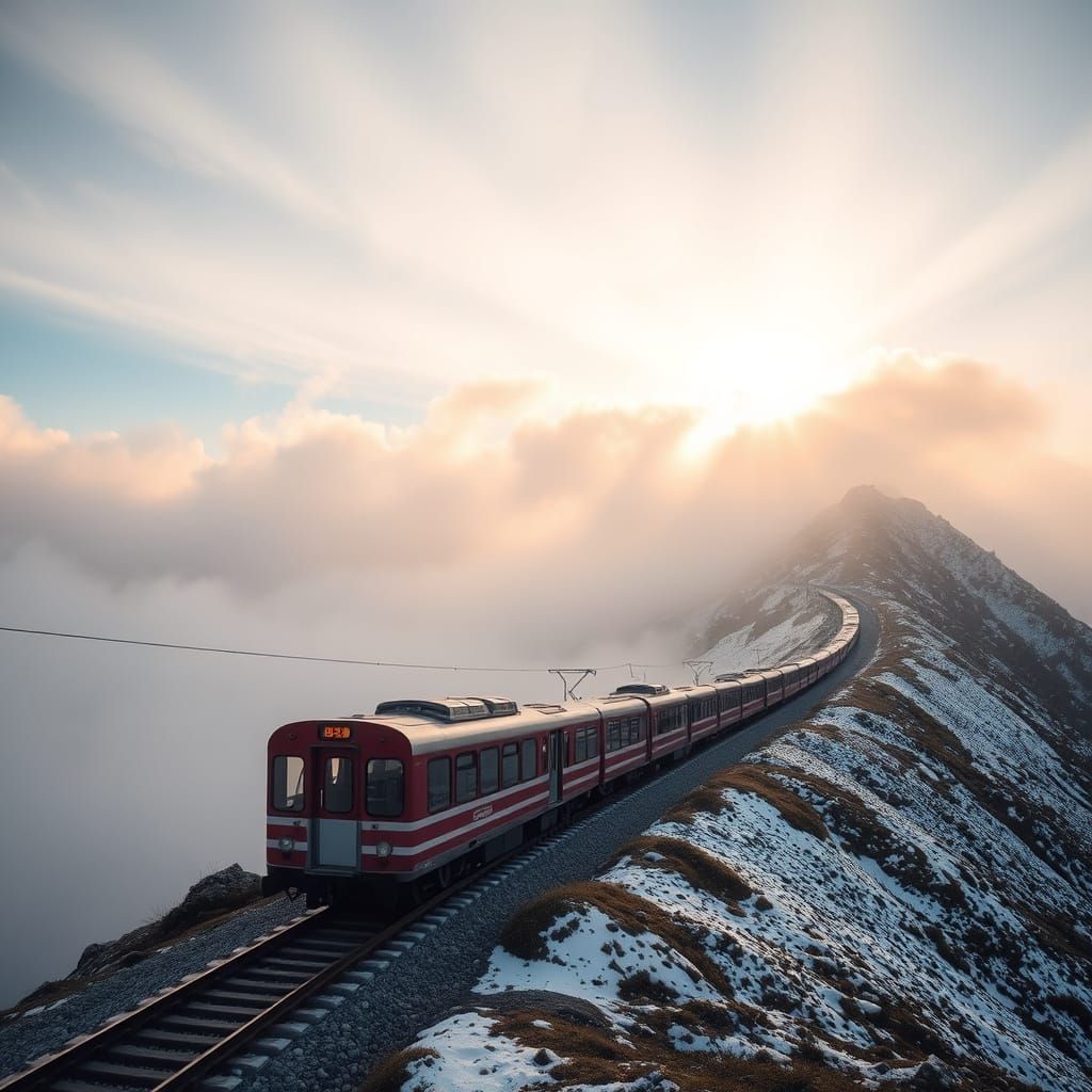 Train Climbs Foggy Mountain in Heavenly Light