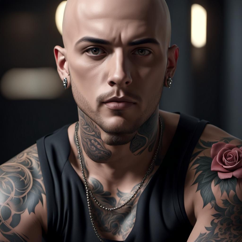Intense Tattooed Man Stares in Photorealistic 4K