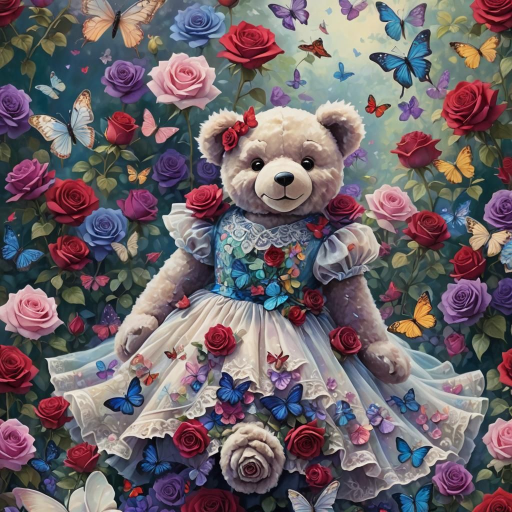 Teddy Bear in Floral Garden, Fantasy Concept Art