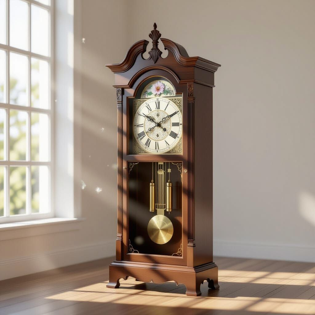 Ancient Grandfather Clock in Sunlit Minimalist Room