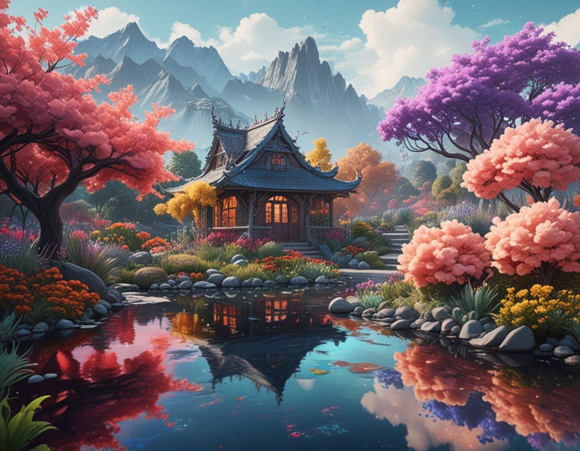 Vibrant Fantasy Garden Scene in Airbrush Style