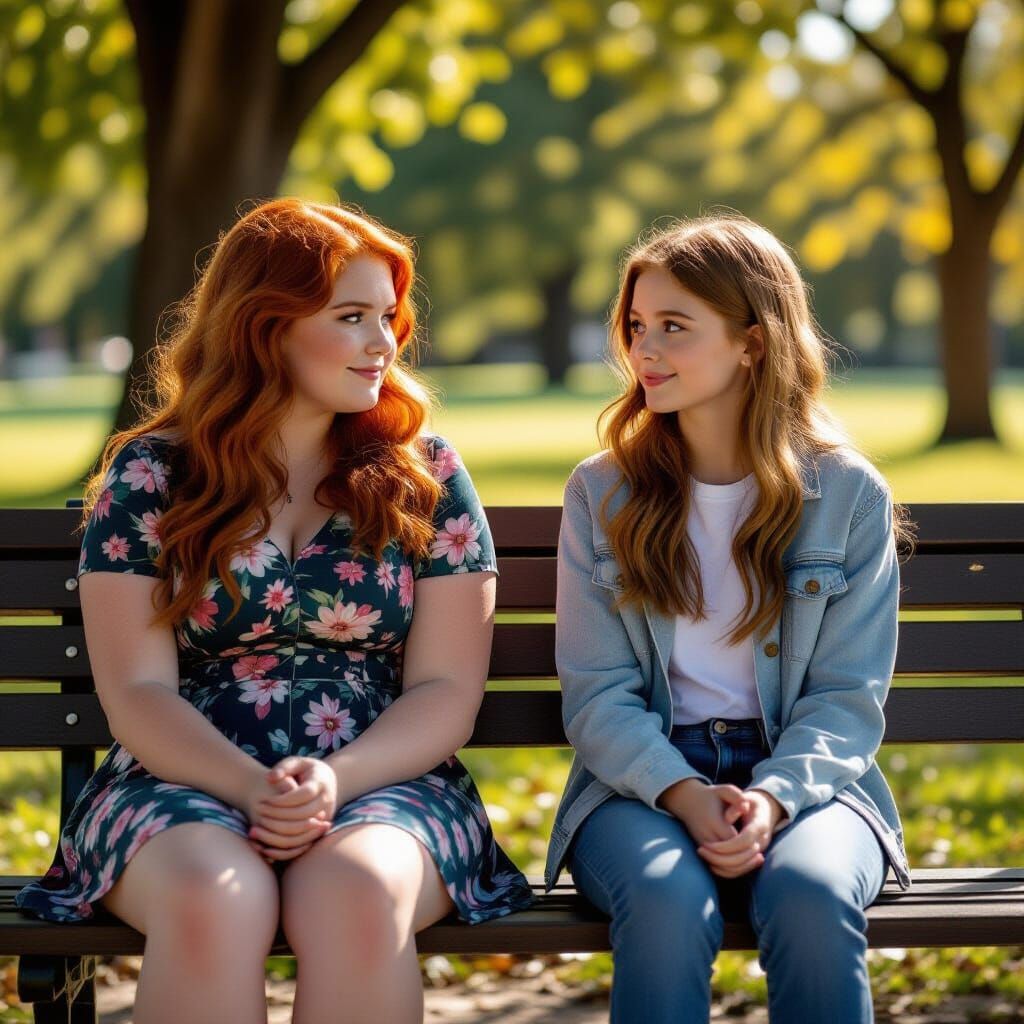 Two Teen Girls on Park Bench, Cinematic Film Still