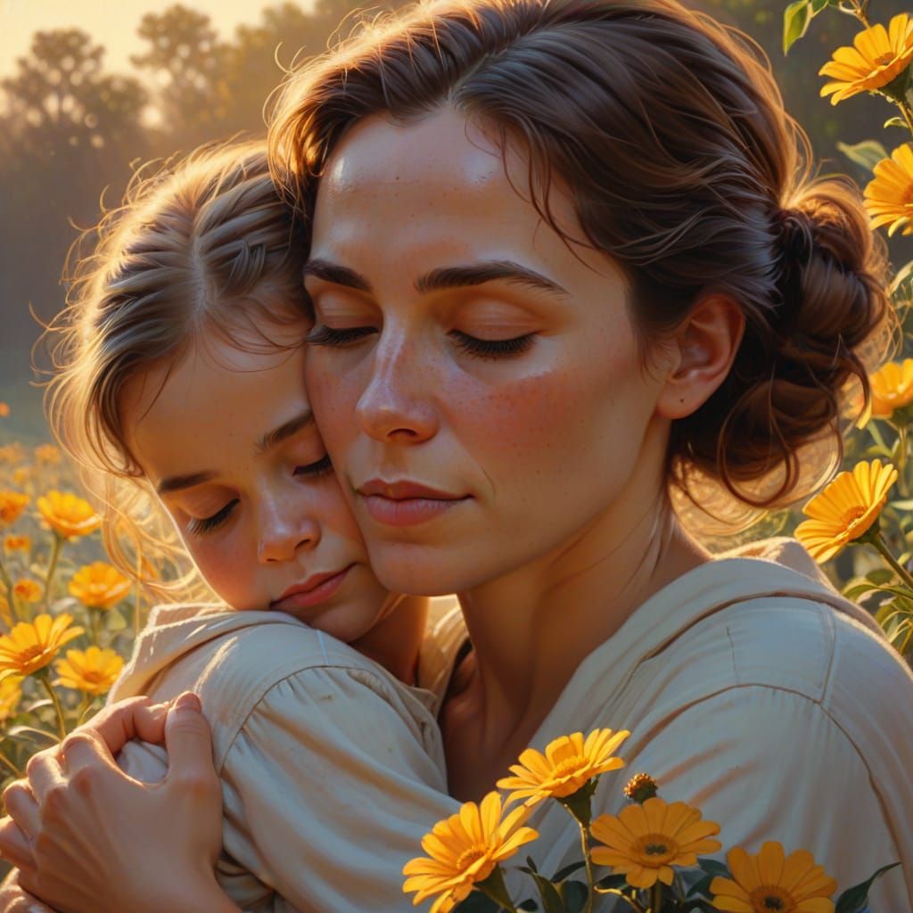 Motherly Love in Sunrise Glow