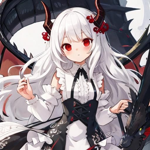Anime Dragon Girl with Silver Hair and Red Eyes