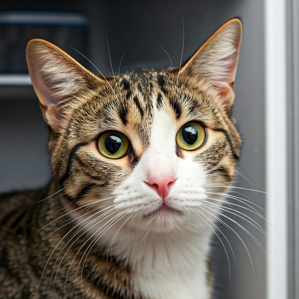 A Feline Face Peeking Out from Behind Refrigerator Doors