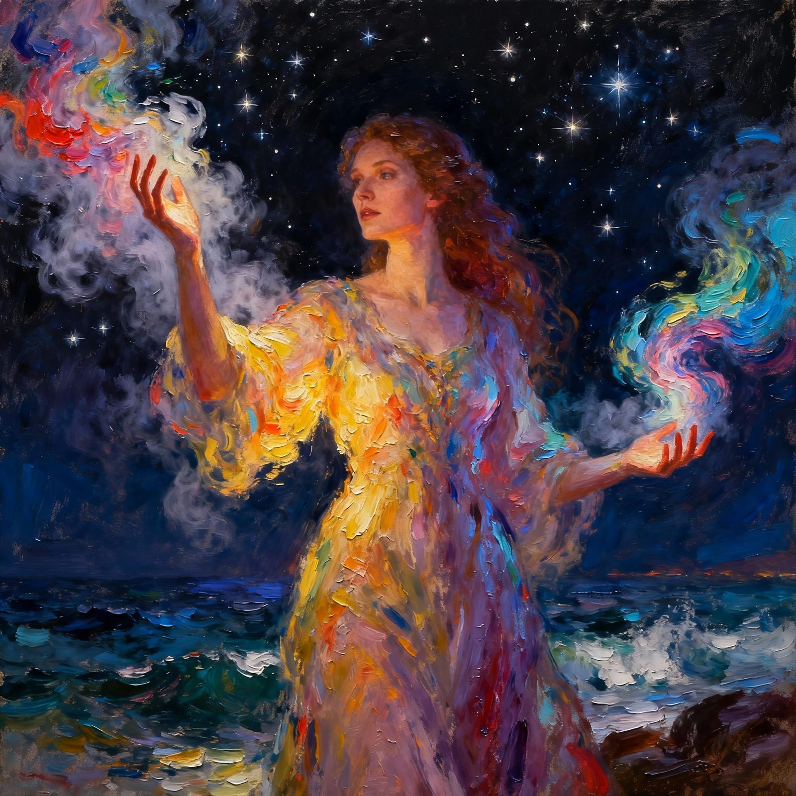 Sorceress Conjures Vivid Mists Under Starry Night Sky