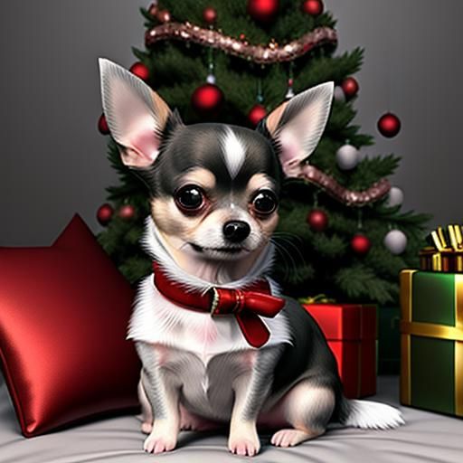 Zbrush effect - Chihuahua , silver coat, grey eyes, sitting on a pillow,  Christmas tree in background