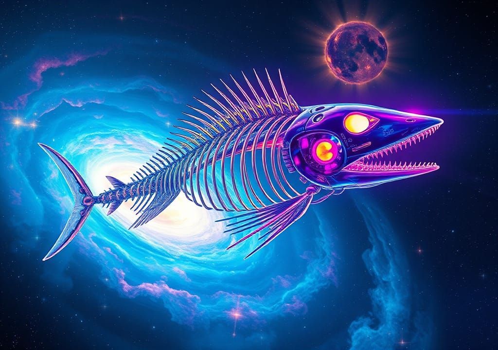 Neon Marlin Skeleton Spaceship in Nebula