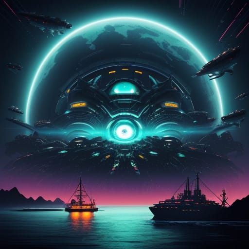 Retro-Futuristic Cityscape: Kaiju Rising, in a Neon-Lit, Cyb...