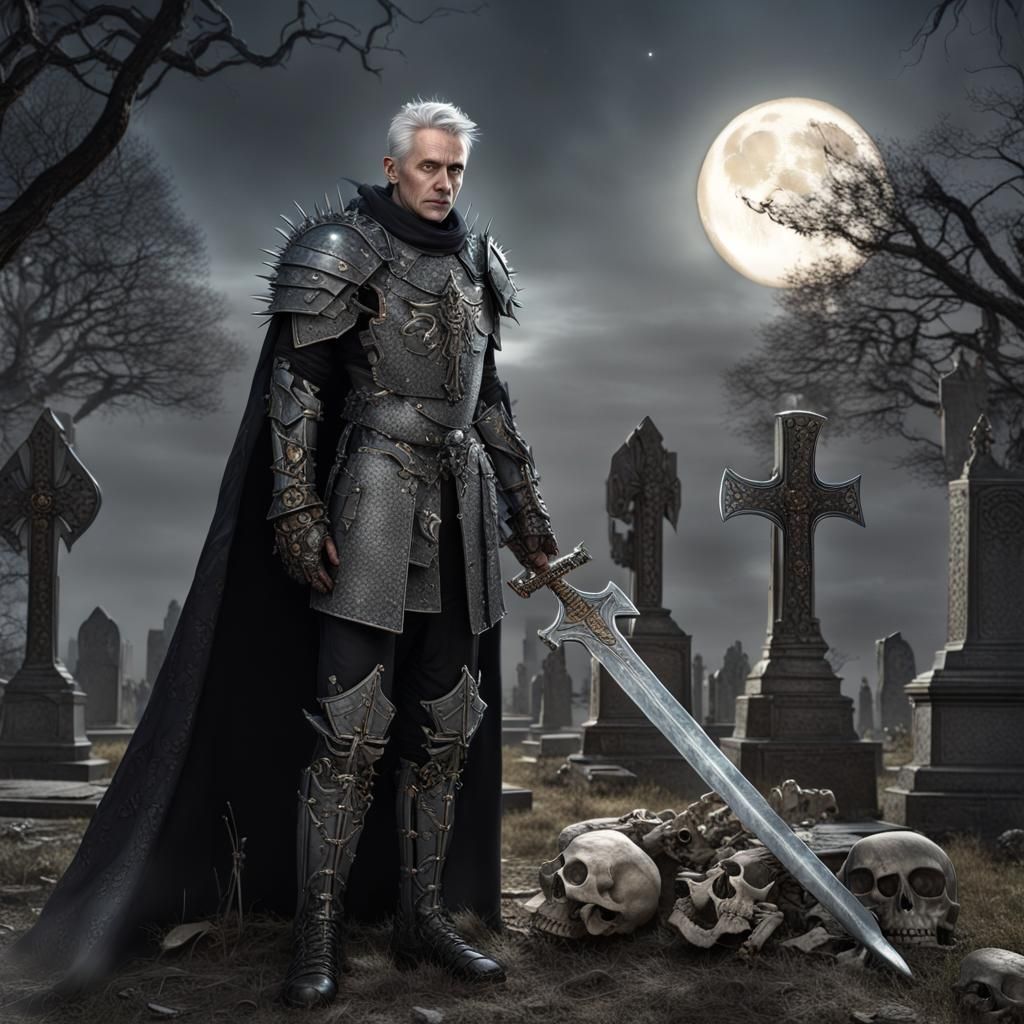 Fallen Paladin in Cemetery with Glowing Sword