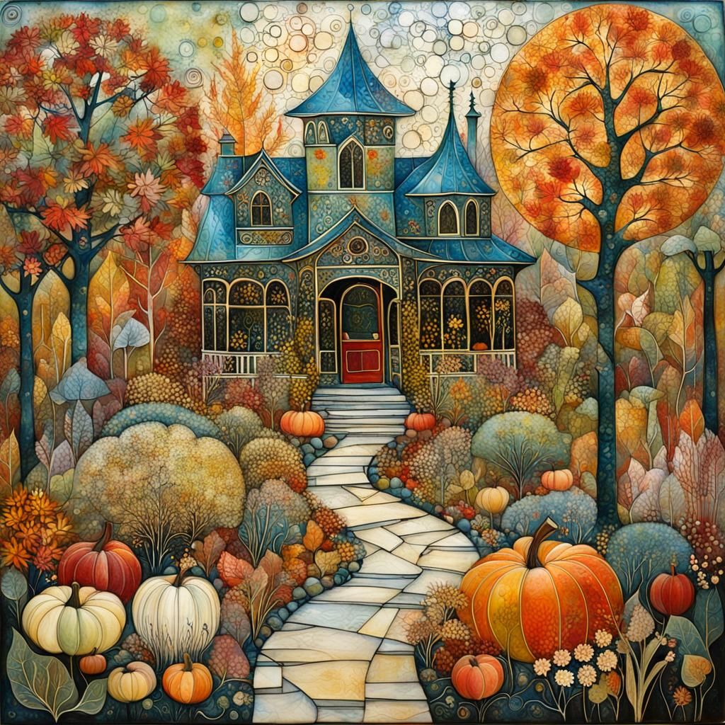 Encaustic Autumn Garden in Art Nouveau Style